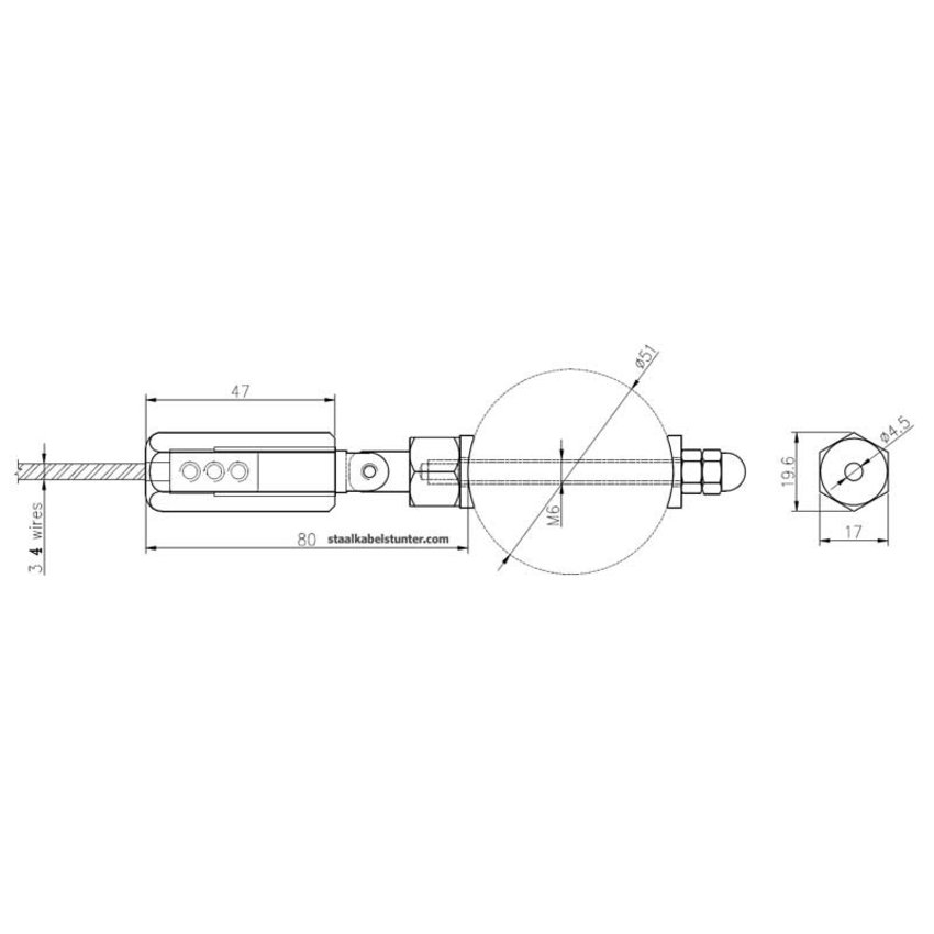 Balustrade terminal with clamp 3 mm - for round post