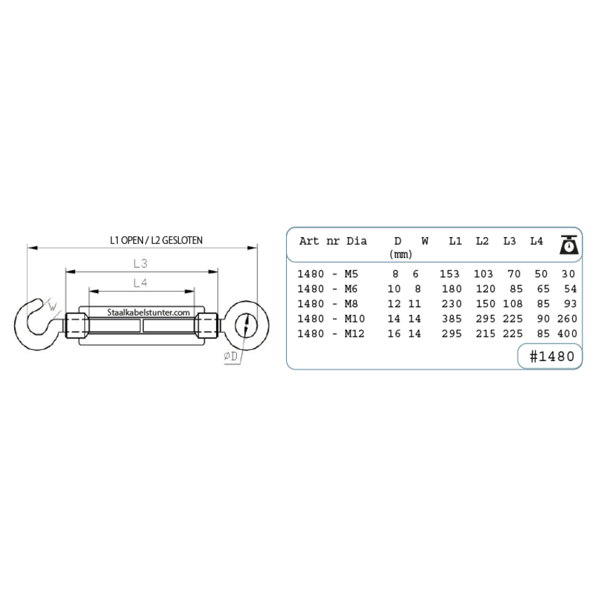 Turnbuckle hook and eye M12 - Easy Wire Rope tighten