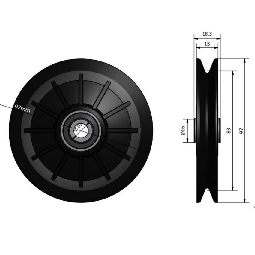 Kunststof schijf met messing bus 97mm