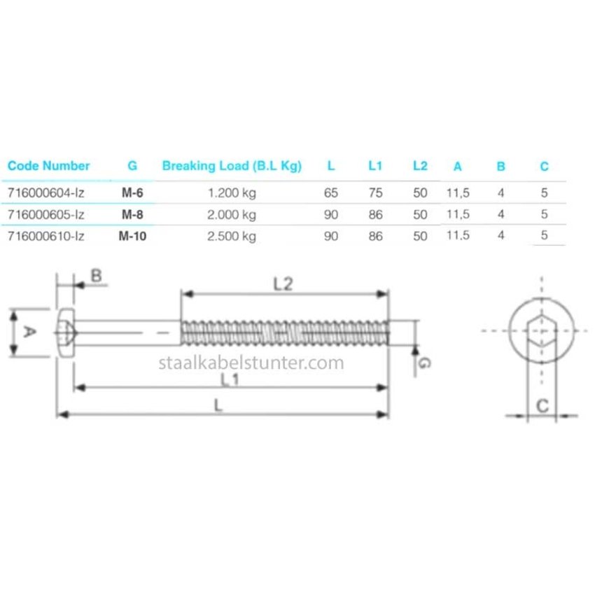 External thread terminals left M8x86 Stainless steel Bolt for railing system