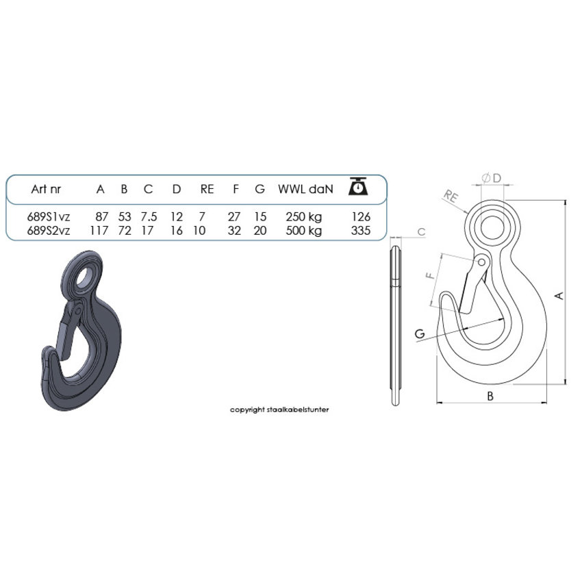 Hoisthook metal with safety clip - 90mm -250kg