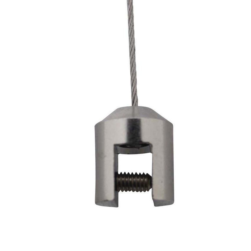 Plexiglas hanging system with socket attachment for 1.5 mm steel cable