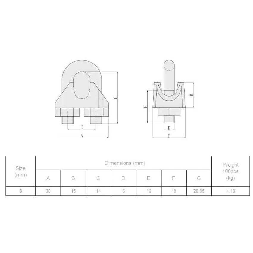 Draadklem voor staalkabel 8mm din741