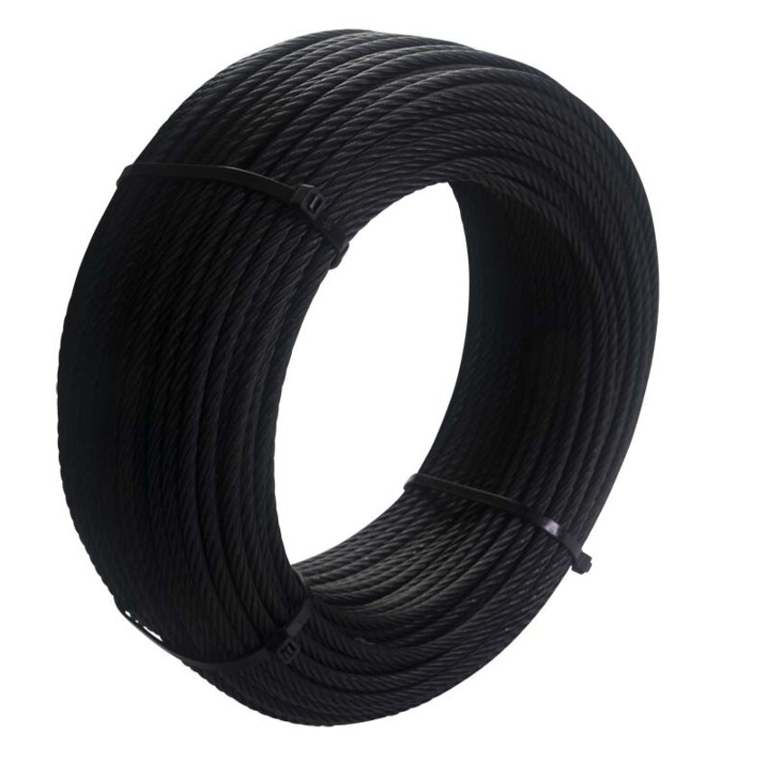 Edelstahl-Stahlseil, 3 mm, 50 Meter, 7x19, schwarz beschichtet.