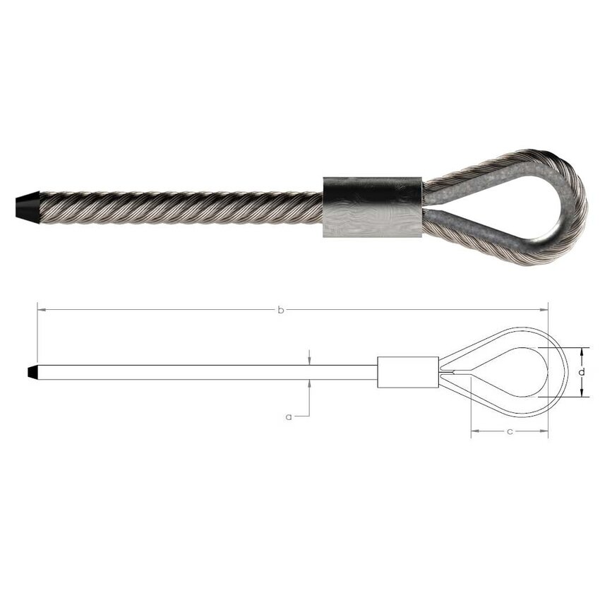 Galvanized steel cable with a loop on one end and a welded termination on the other end