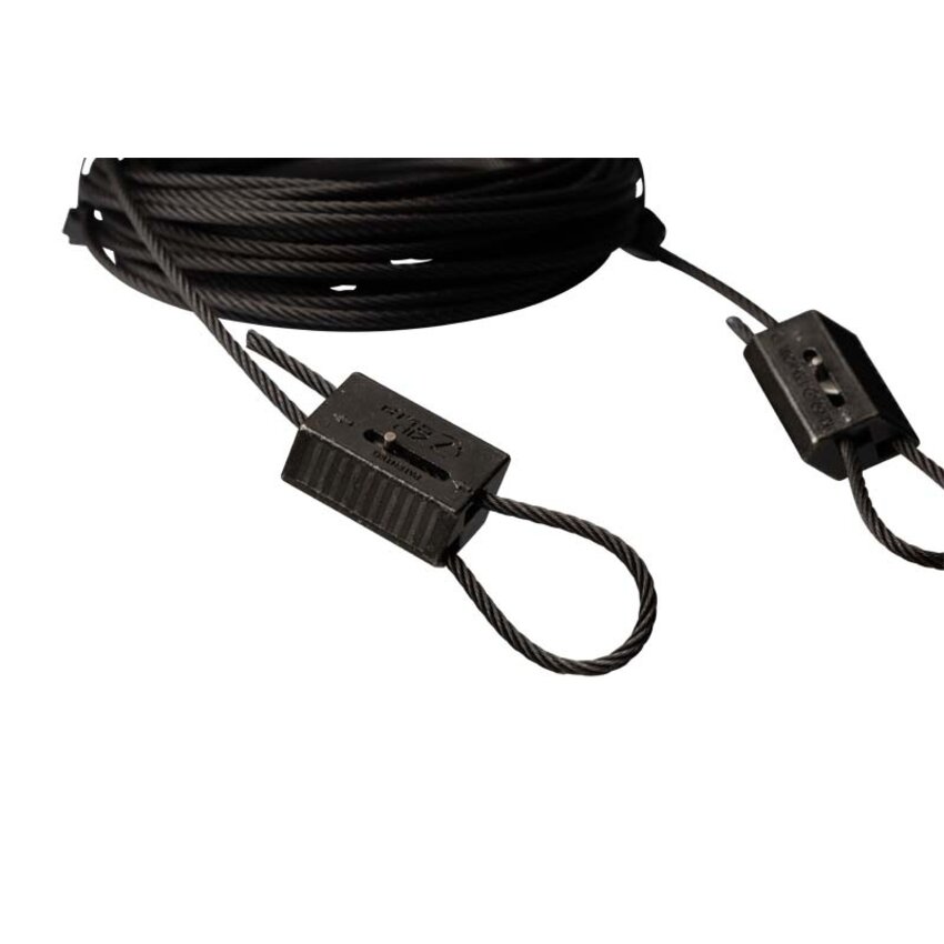 Package Zip-Clip Black steel cable 2mm and 10 meters with Zip-Clip Rize automatic cable grippers for 2mm.