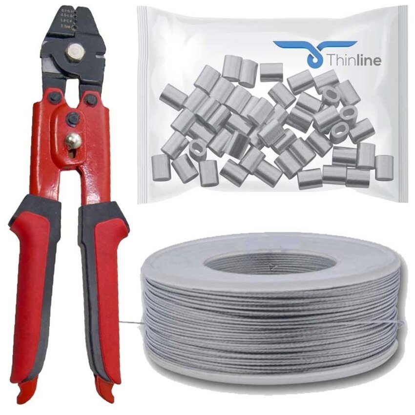 Package of Thin Steel Cable and Wire Clamps Stainless Steel 100m Plus Crimping Tool/Wire Cutter