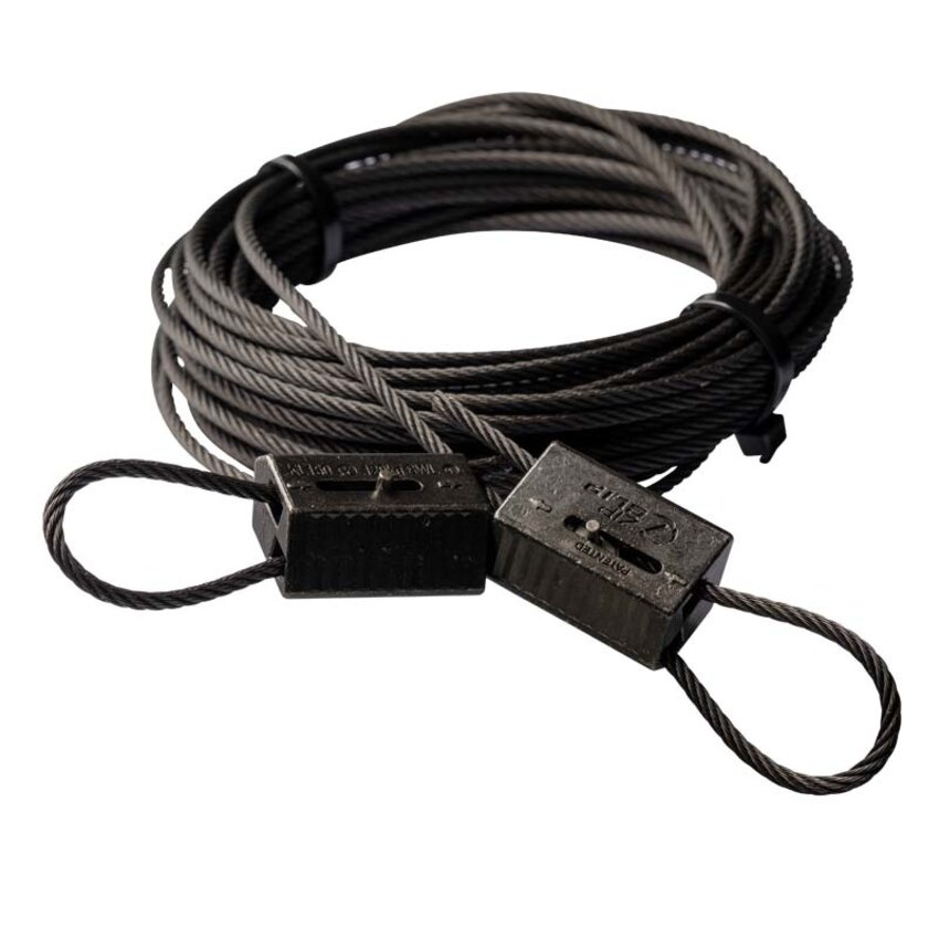 Package Zip Clip Black Steel Cable 3mm and 10 meters with Zip Clip Rize Automatic Cable Grippers for 3mm.
