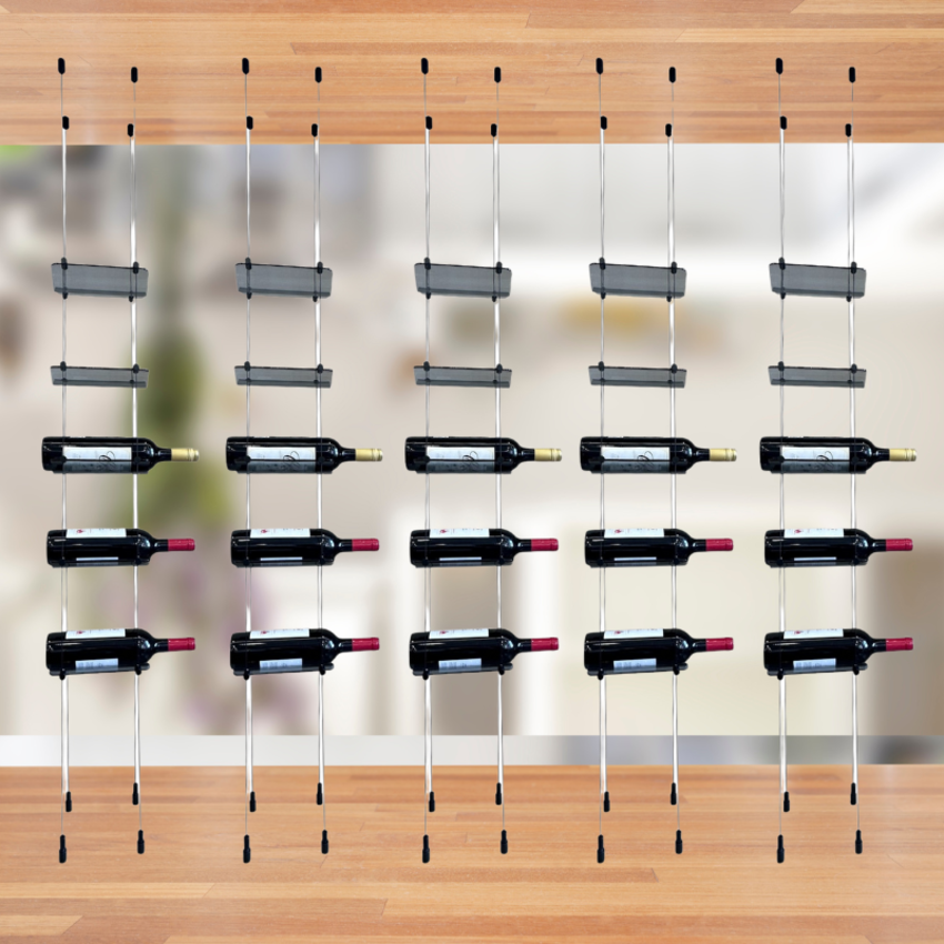 Black steel cable hanging system for wine bottles