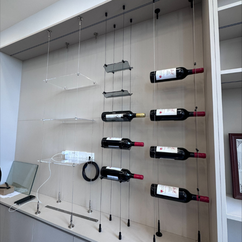 Black steel cable hanging system for wine bottles
