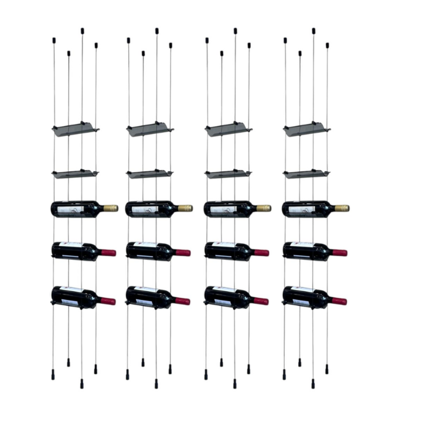 Black steel cable hanging system for wine bottles
