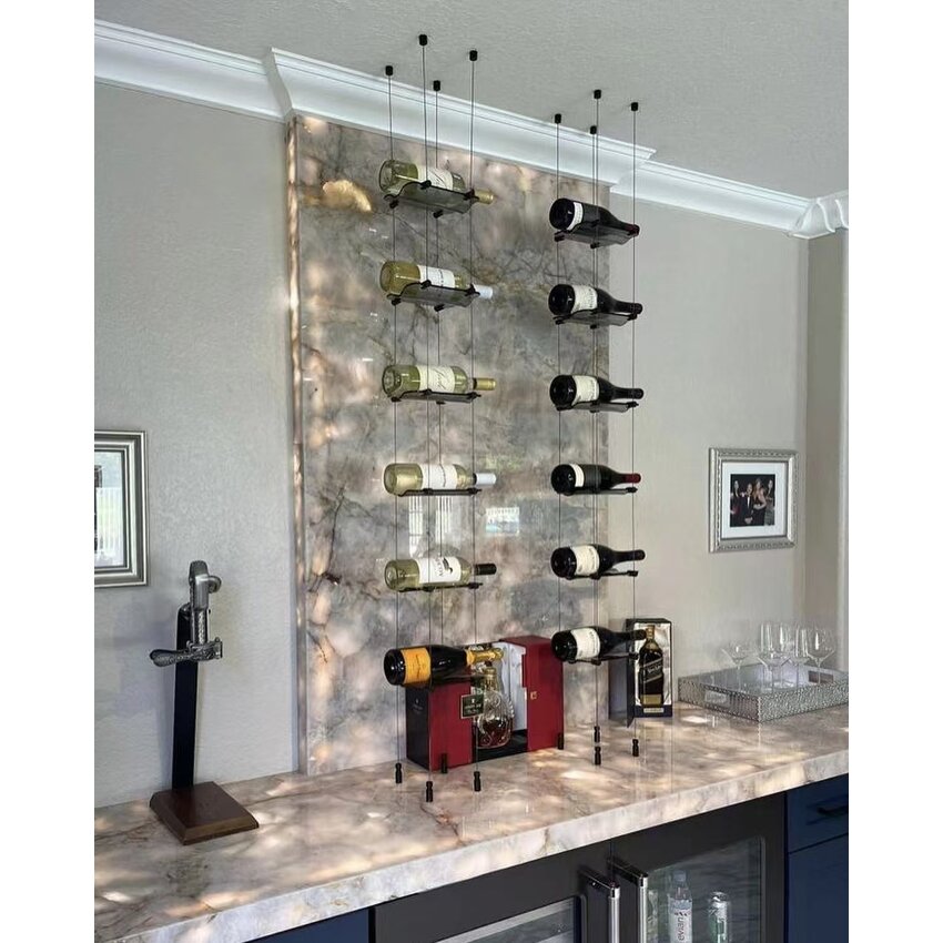 Black steel cable hanging system for wine bottles