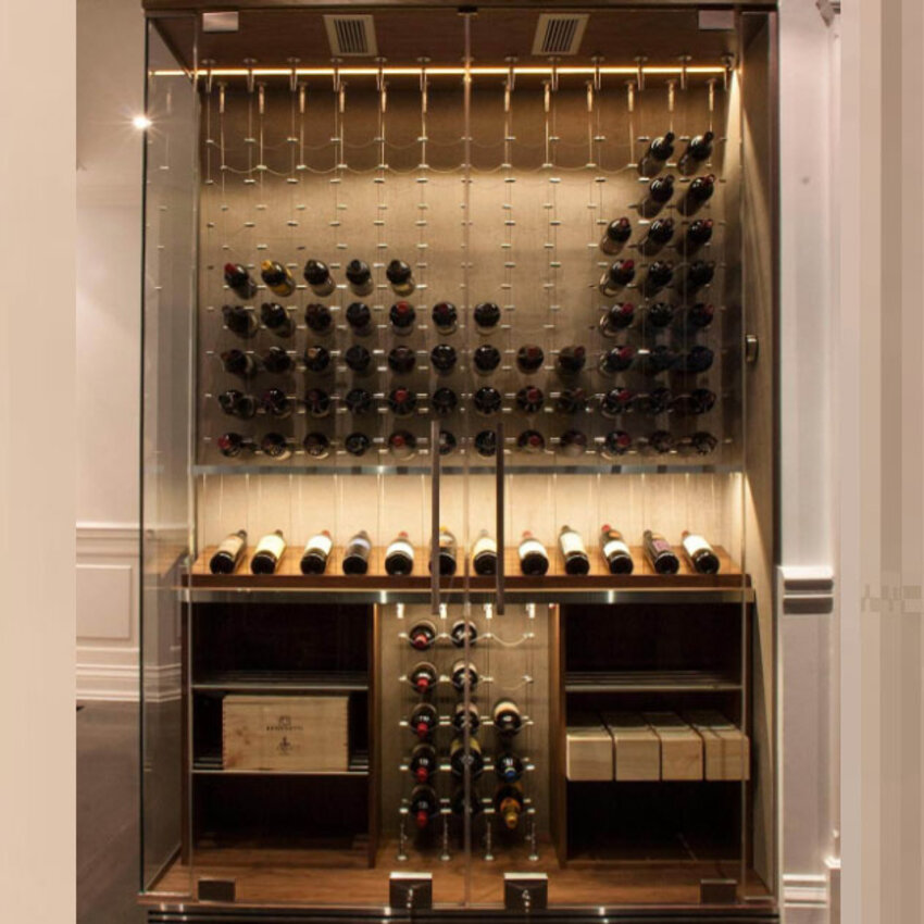Black steel cable hanging system for wine bottles