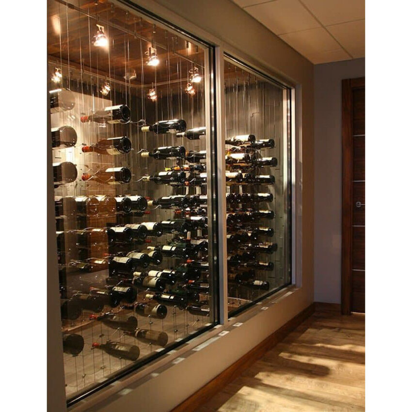 Black steel cable hanging system for wine bottles