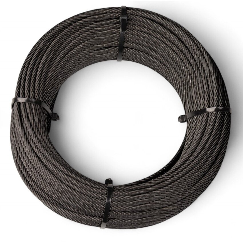Edelstahl-Stahlseil, 3 mm, 50 Meter, 7x19, schwarz beschichtet.
