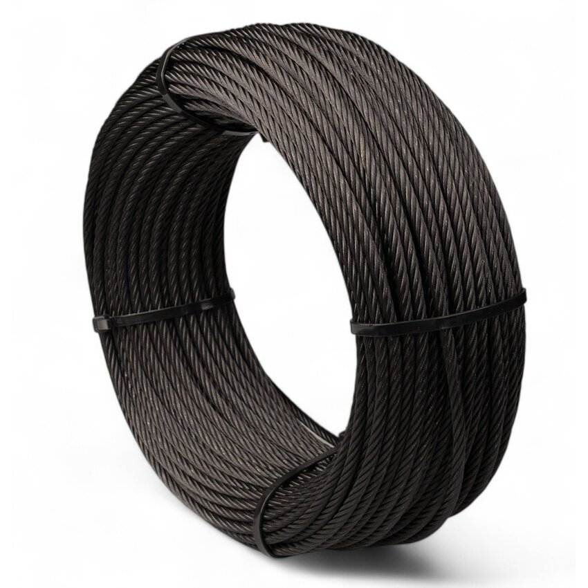 Edelstahl-Stahlseil, 3 mm, 50 Meter, 7x19, schwarz beschichtet.