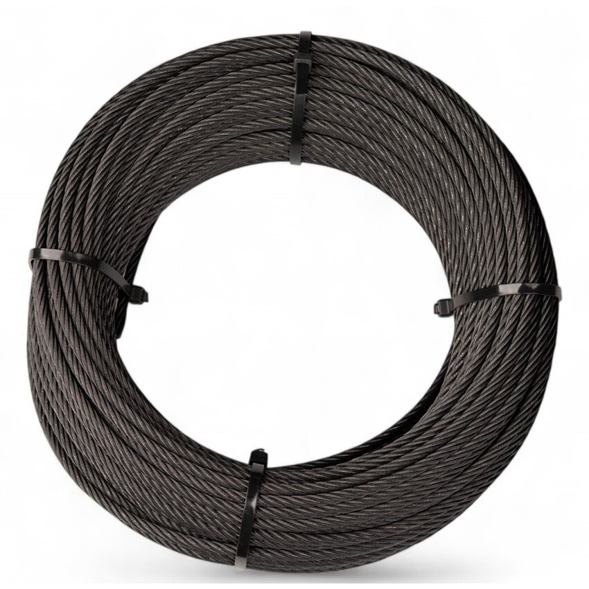 Edelstahl-Stahlseil, 3 mm, 50 Meter, 7x19, schwarz beschichtet.