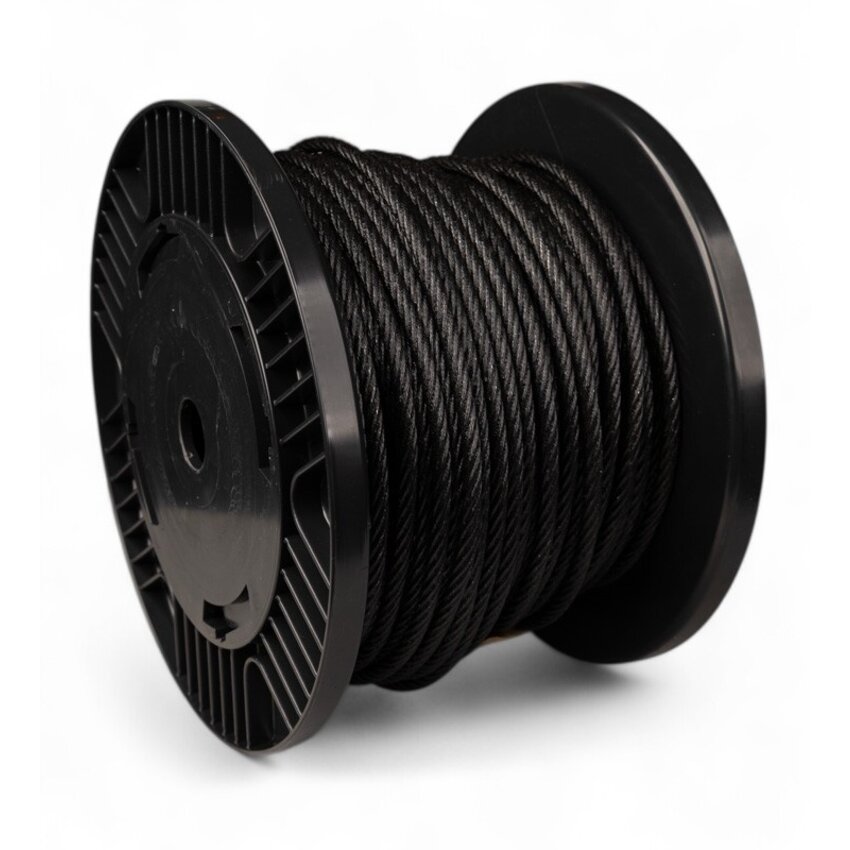 Staalkabel 5 mm 100 meter op katrol Zwart