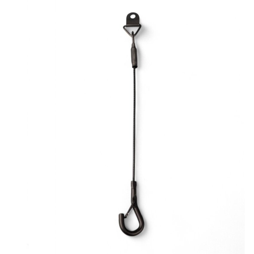 Black plastic-coated hanging cable with mounting plate and spring clip
