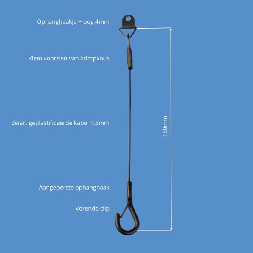 Zwart ophangkabeltje geplastificeerd met bevestigingsplaat en veerclip