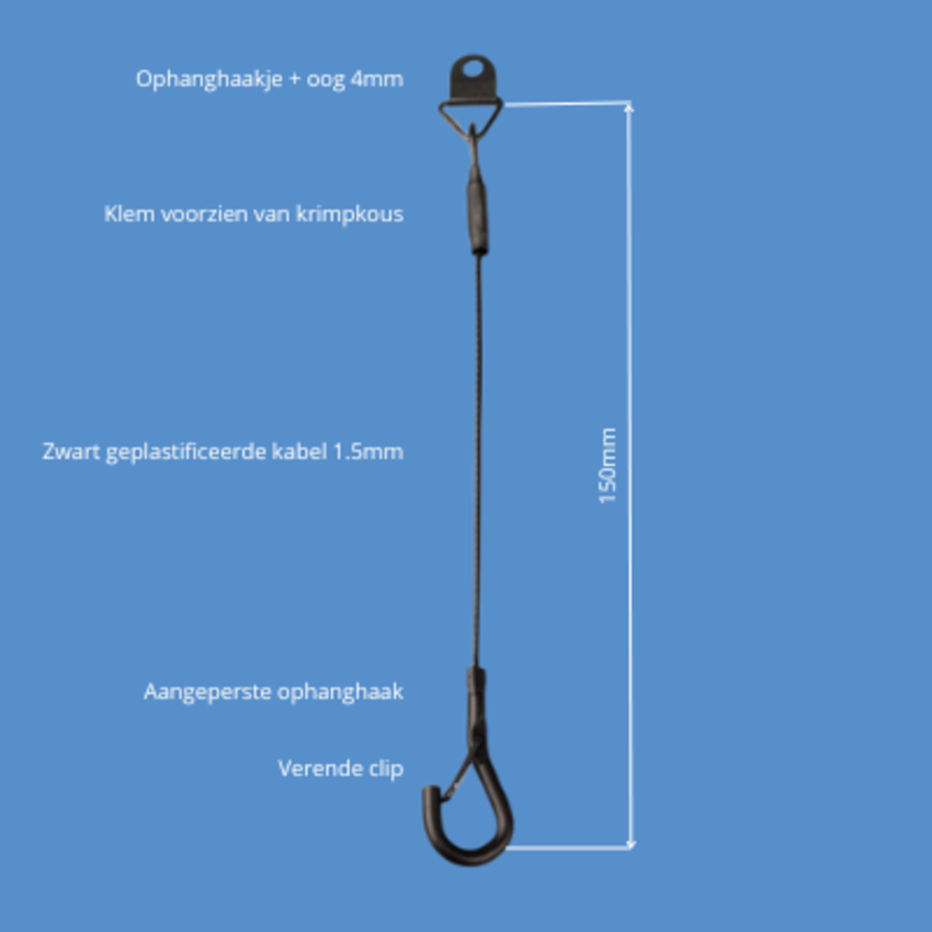 Zwart ophangkabeltje geplastificeerd met bevestigingsplaat en veerclip