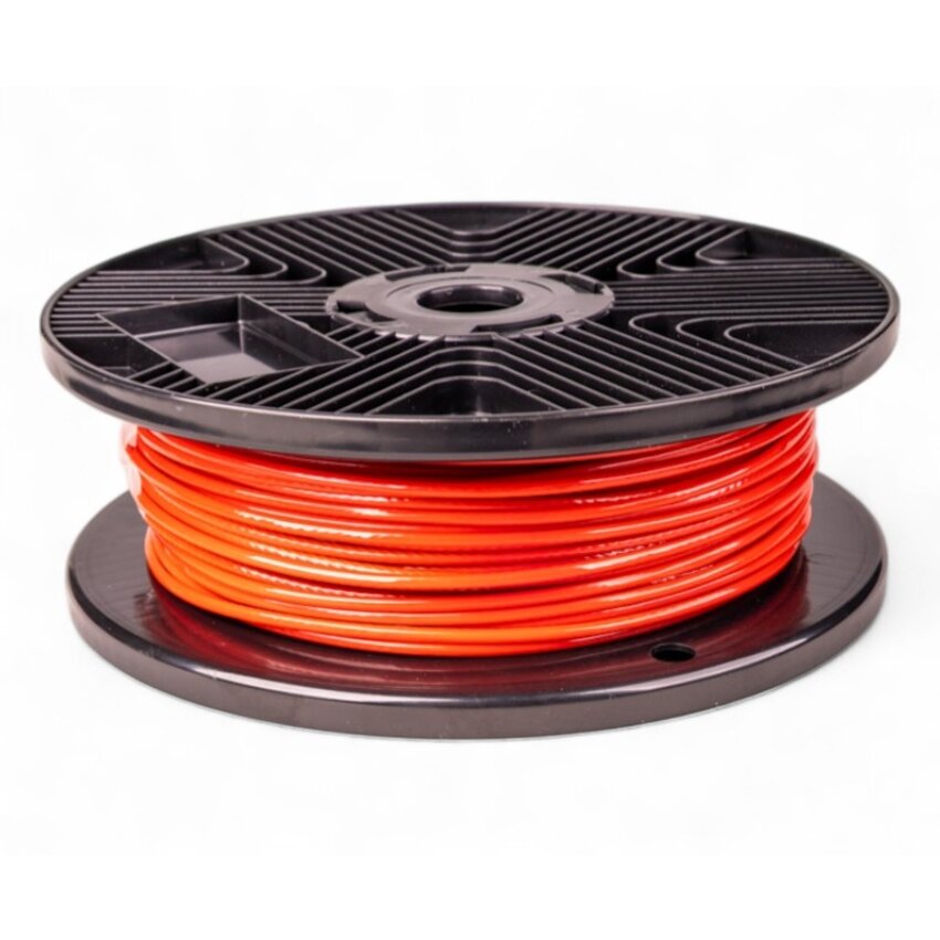 Plastic-coated steel wire rope with a diameter of 3/4 mm in red, available in a 500 m roll