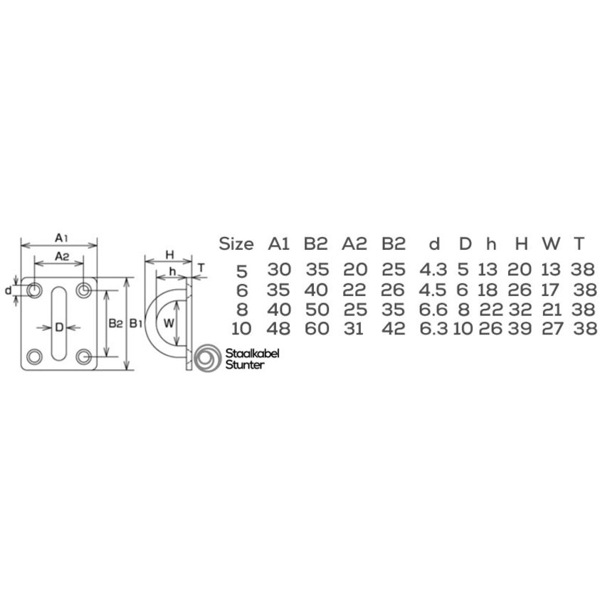 Oogplaat vierkant RVS 10mm – 60x50mm, plaatdikte 3mm