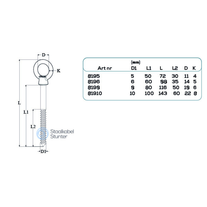 Screw Eye 6x60 Stainless Steel 316 with Wood Thread – corrosion resistant for outdoor use and garden structures