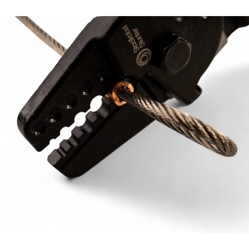 Kabelklemmenzange für Pressklemmen, geeignet für Stahlseile von 2 bis 5 mm.