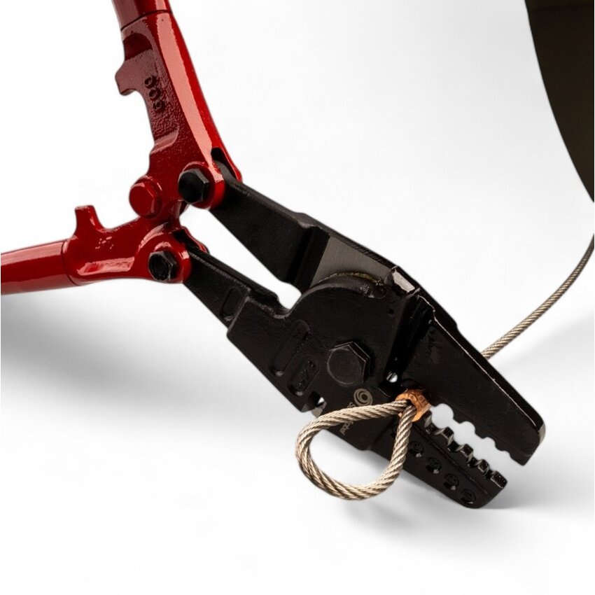 Kabelklemmenzange für Pressklemmen, geeignet für Stahlseile von 2 bis 5 mm.