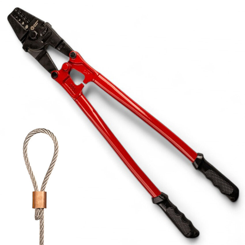 Kabelklemmenzange für Pressklemmen, geeignet für Stahlseile von 2 bis 5 mm.