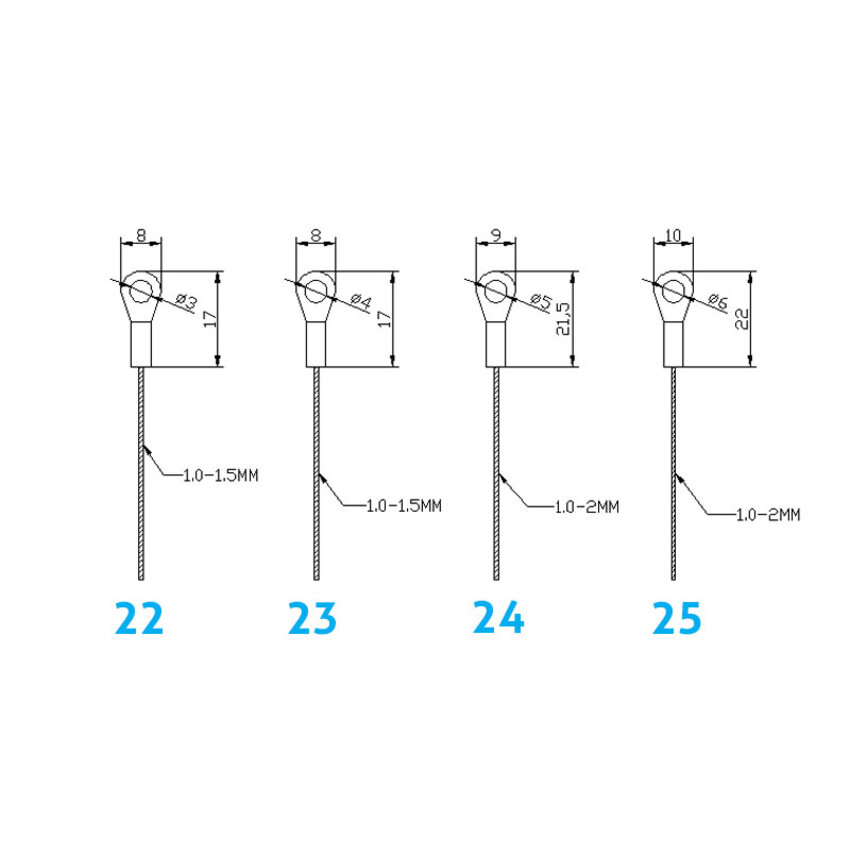 Staalkabel voorzien van een aluminum eindstop - verkrijgbaar in verschillende formaten