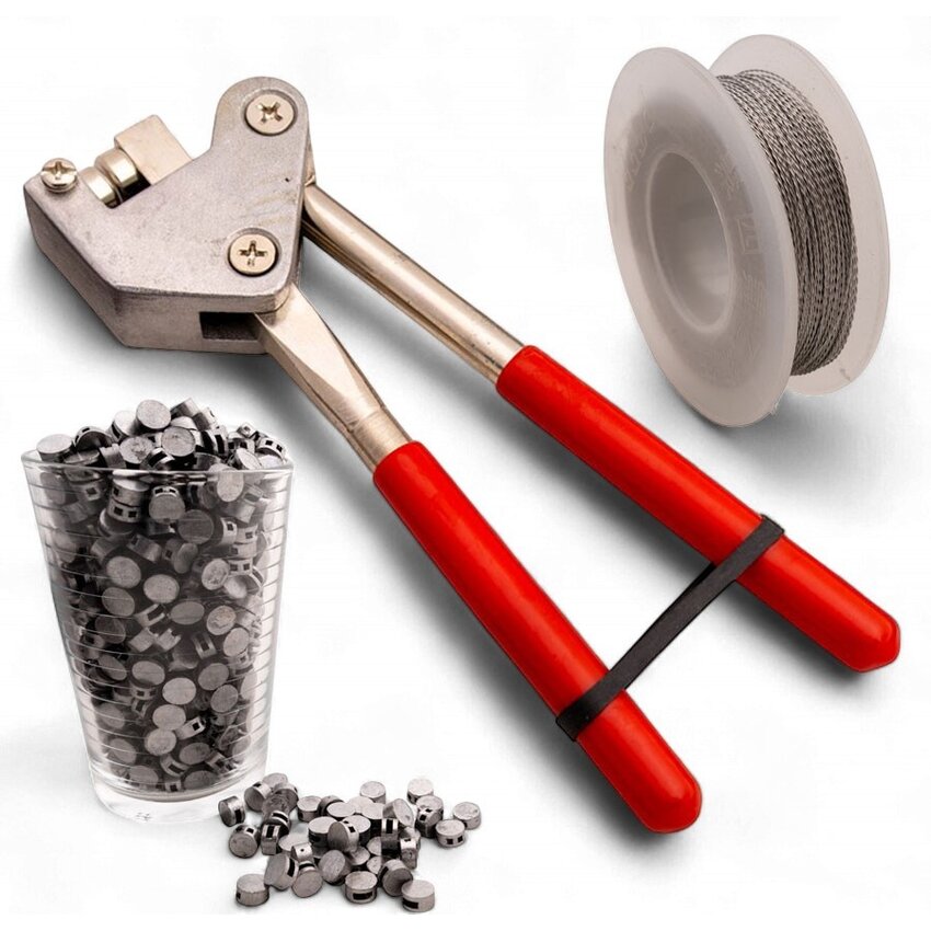 Sealing pliers with stainless steel sealing wire and crimp lead seals