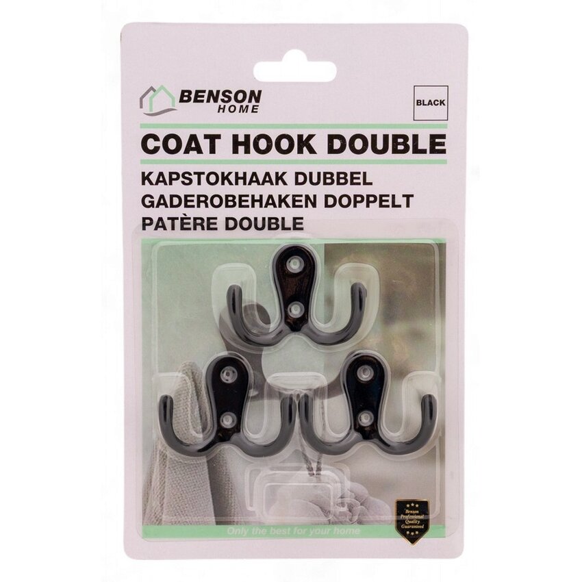3 Pieces Double Coat Hooks Black – Double Hole – High-Quality Finish