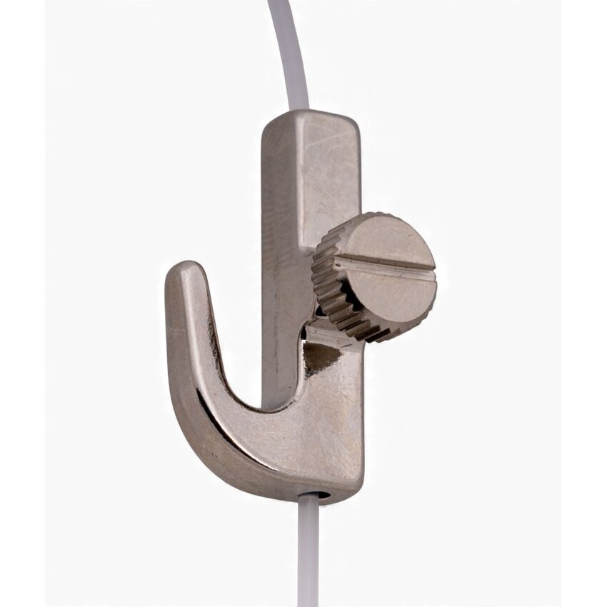 Metal picture hook with adjustment screw for precise height adjustment on gallery systems