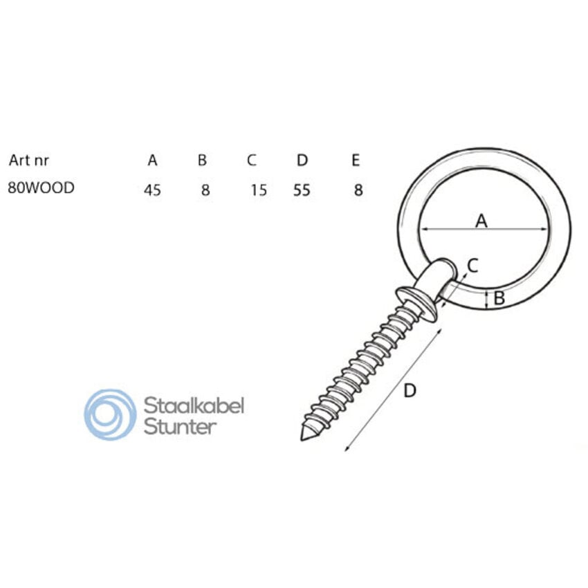 Rvs Muuranker met schroefdraad voor het bevestigen van kettingen of kabelsloten in beton of hout