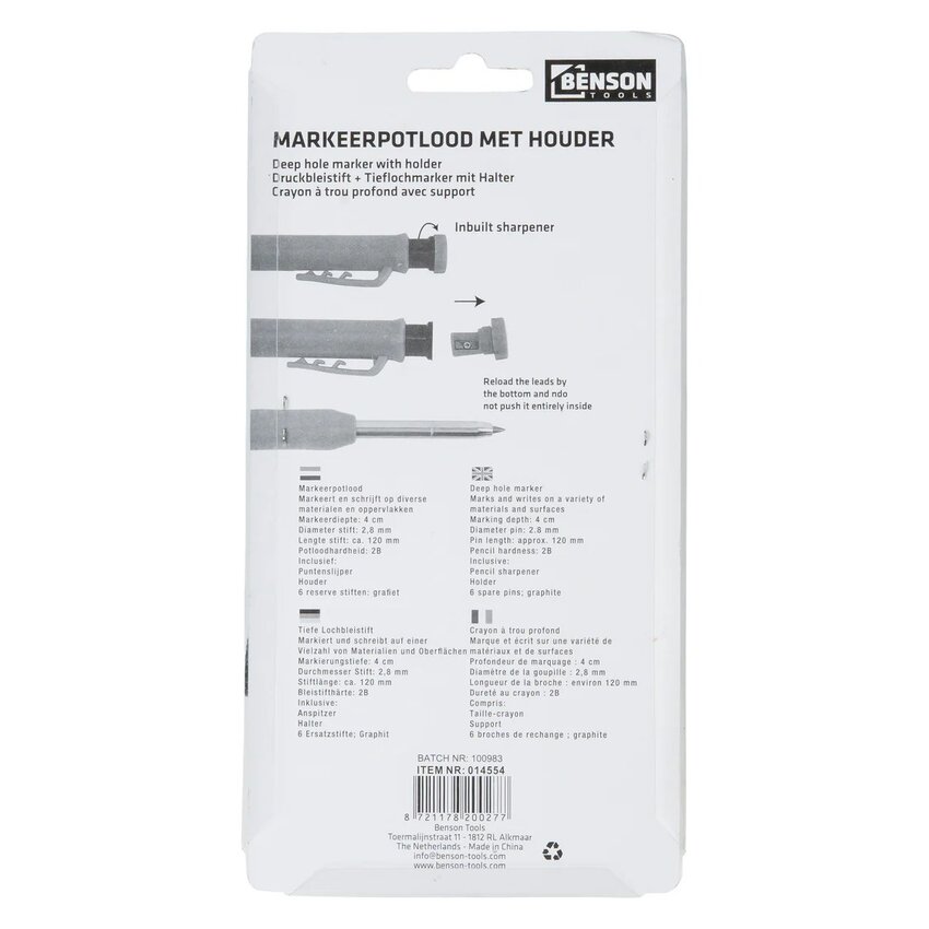 Diepe gaten marker 4 cm – 2.8 mm markeerpotlood met kleurstiften (rood, geel, blauw) + 6 vullingen