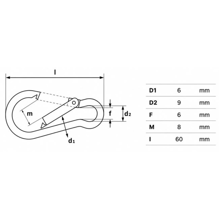 Stainless Steel Carabiner Hook 6x60 mm AISI 316 – For Wire Rope, Marine and Outdoor Use