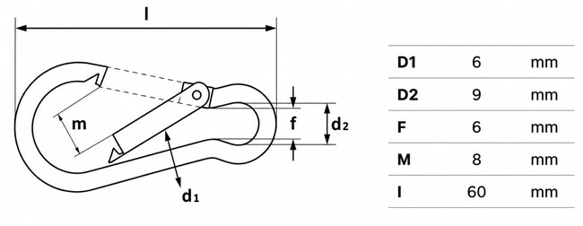 Stainless steel carabiner hook 6x60 mm AISI 316 dimensions