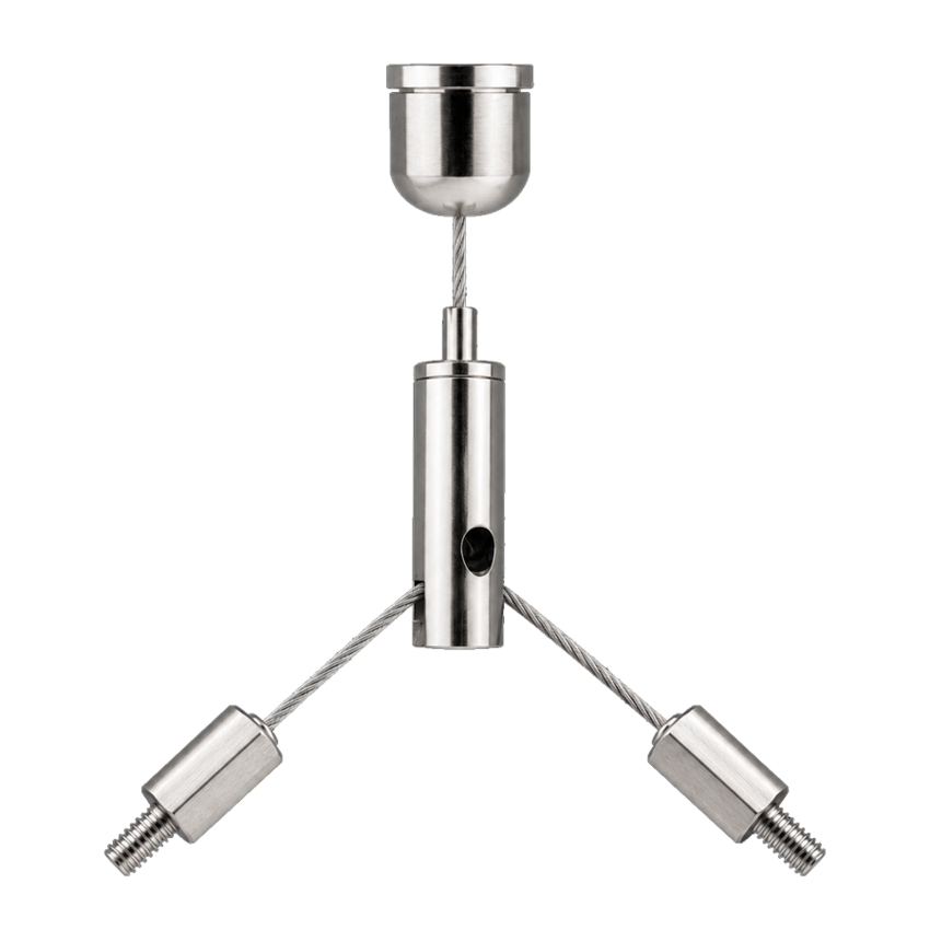 Y-vormig kabel ophangsysteem M4 van verchroomd messing met 1.2 mm RVS staalkabel – verstelbare plafondophanging voor verlichting, displays en signage