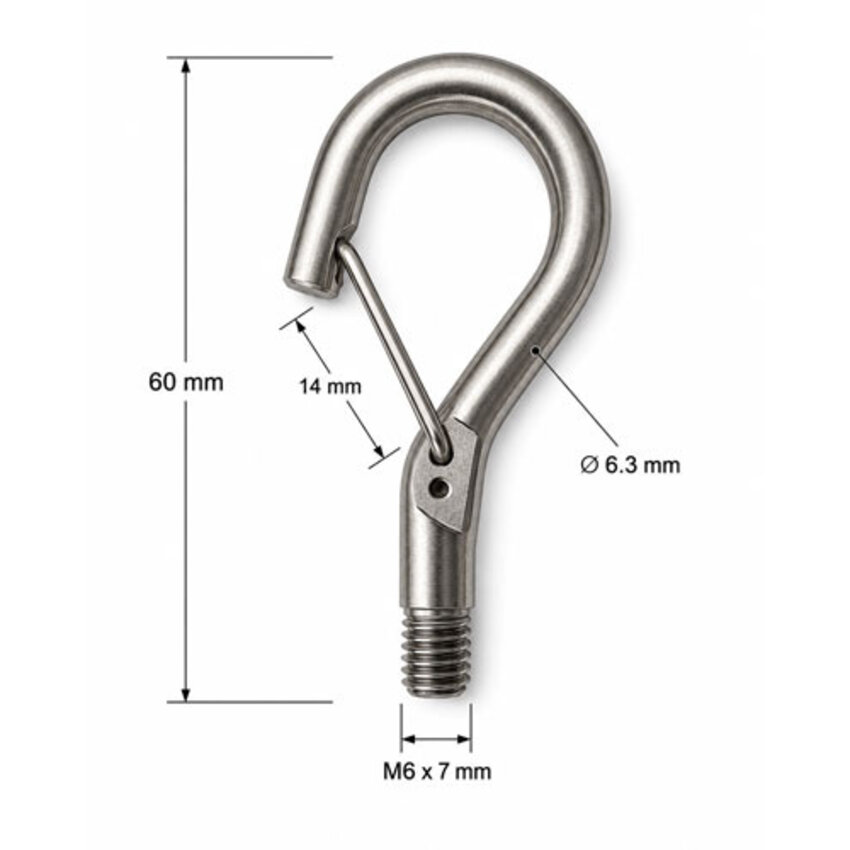 Stainless steel screw hook with spring clip and M6 thread