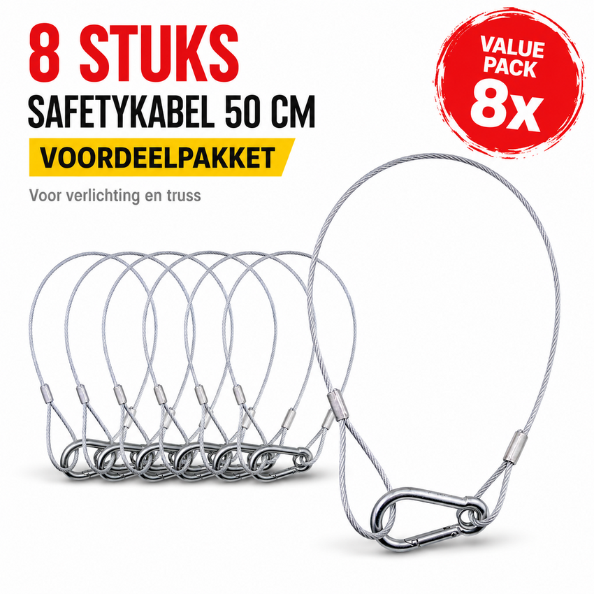 8 stuks Safetykabel 50 cm met karabijnhaak voor verlichting en truss