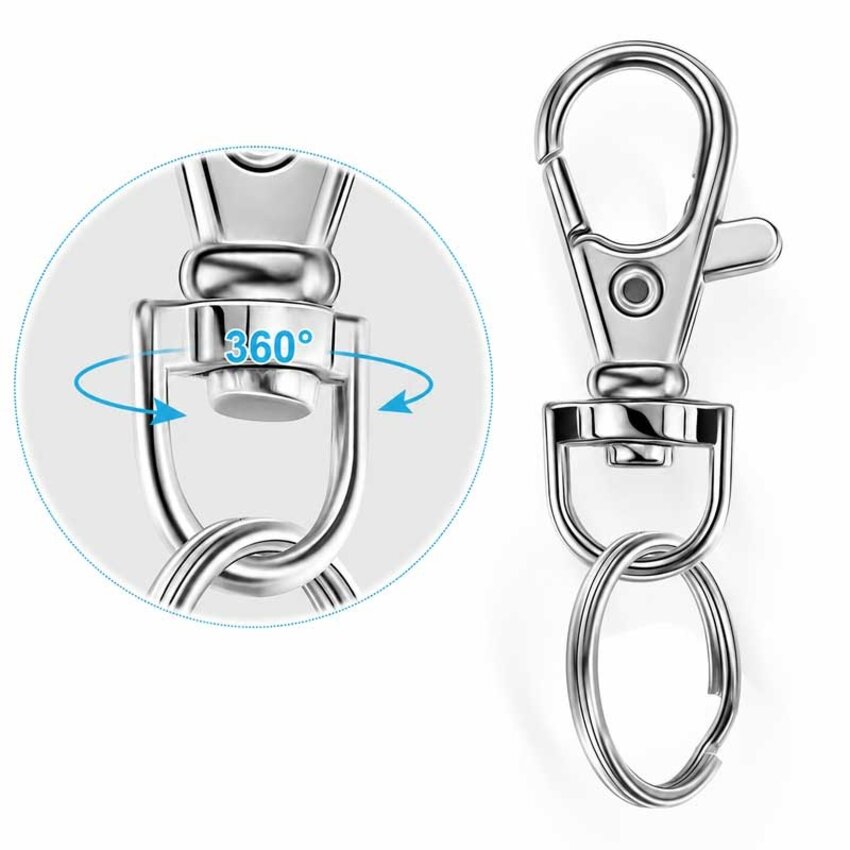 Karabijnhaak met Draaibare Wartel en Sleutelring 25 mm – Metalen Musketonhaak Zilver voor Sleutelhangers, Tassen en DIY