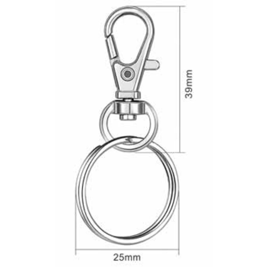 Karabijnhaak met Draaibare Wartel en Sleutelring 25 mm – Metalen Musketonhaak Zilver voor Sleutelhangers, Tassen en DIY