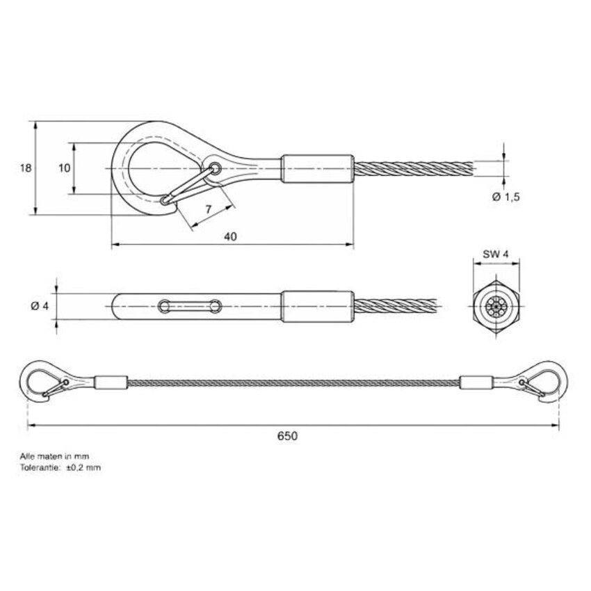 RVS 304 staalkabel 65 cm met veerclips en haken - 1,5 mm