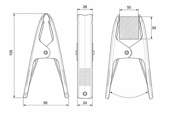 Dimensions of zinc-plated 6-inch spring clamp with 50 mm jaw opening
