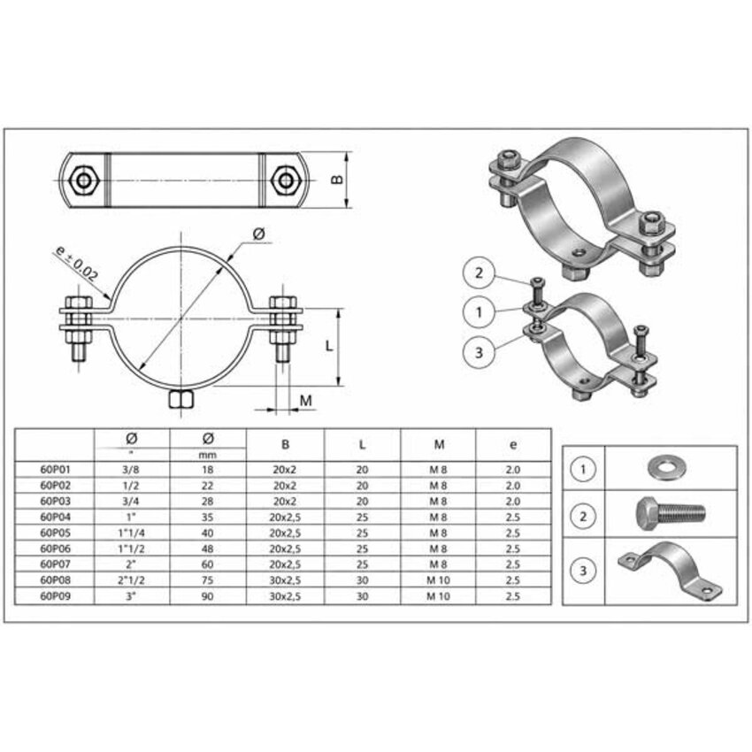Edelstahl Rohrschelle 16–24 mm mit Gewindemutter  M8