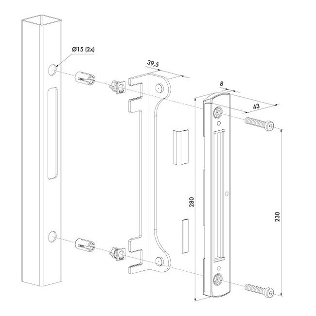 SFKM - Roestvrijstalen slotvanger in opbouw voor fortylock en sixtylock