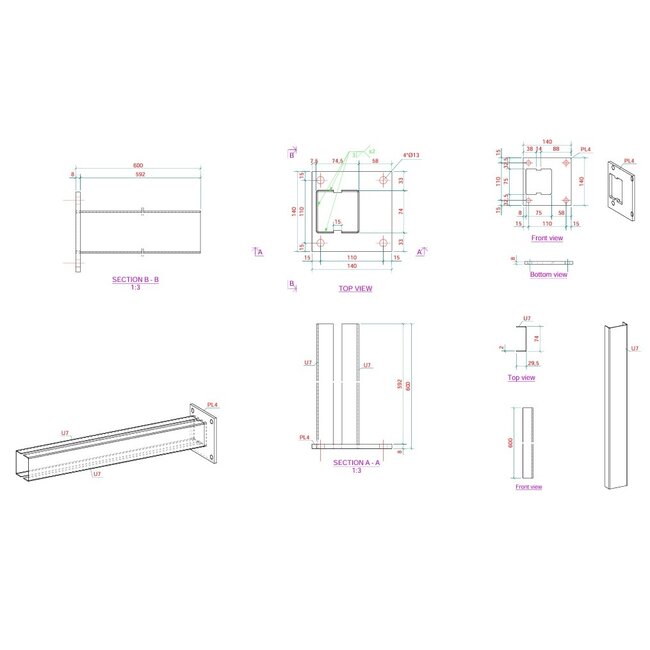 Voetplaat adapter tbv koker 80 x 80 mm - decentraal gelast