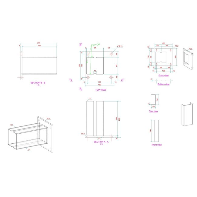 Voetplaat adapter t.b.v. koker 100 x 100 mm - decentraal gelast